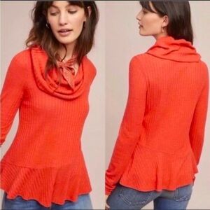 Anthropologie Maeve Winterscape Sweater Cowl Neck Peplum Hem Orange Size Medium